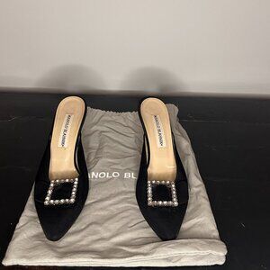 Manolo Blahnik - Black Fabric Heel Mules with Rhinestone Buckle
